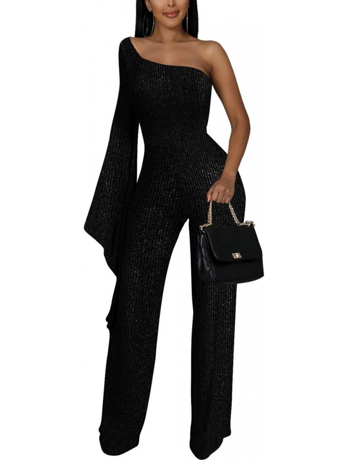 Sparkly Jumpsuits For Women One Slit Shoulder Hollow Out Long Bell Sleeve Long Straight Pants Party Clubwear 