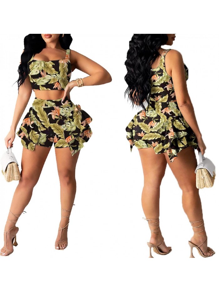 Women's Two Piece Set Outfits Rompers Sleeveless Cami Crop Top Elegant Ruffle Shorts Tracksuit Sexy Clubwear 