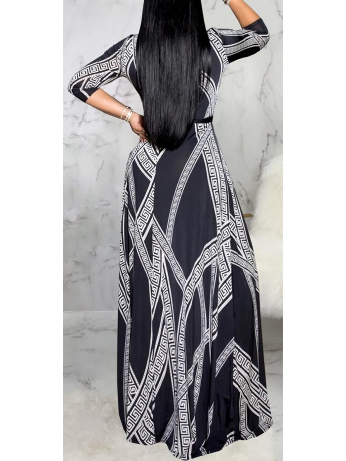 Women's Sexy V Neck Stripe Printed Casual Floor Length Flowy Evening Party Maxi Dress with Belt 