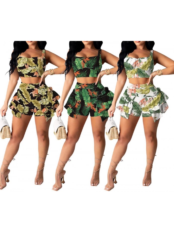 Women's Two Piece Set Outfits Rompers Sleeveless Cami Crop Top Elegant Ruffle Shorts Tracksuit Sexy Clubwear 