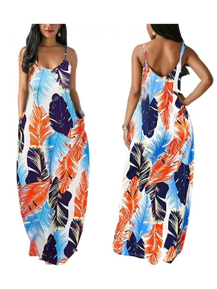Maxi Dress for Women Beach Vacation Summer Casual Floral Printed Bohemian Long Sundress with Pockets 