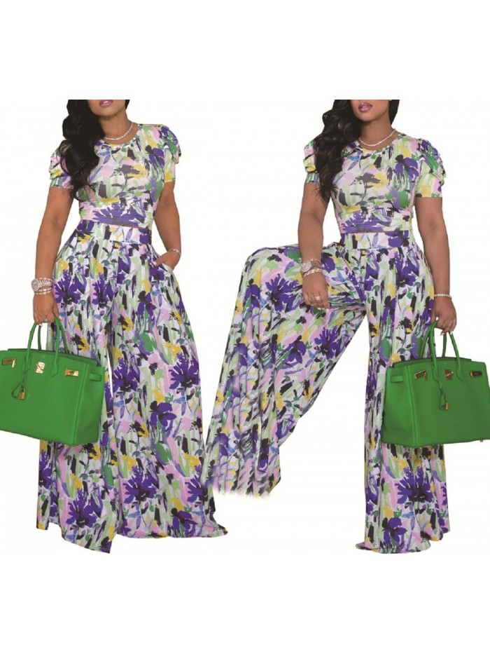 Piece Outfits for Women Summer Two Piece Crop Top Shorts Set Boho Floral Print Romper Jumpsuit 