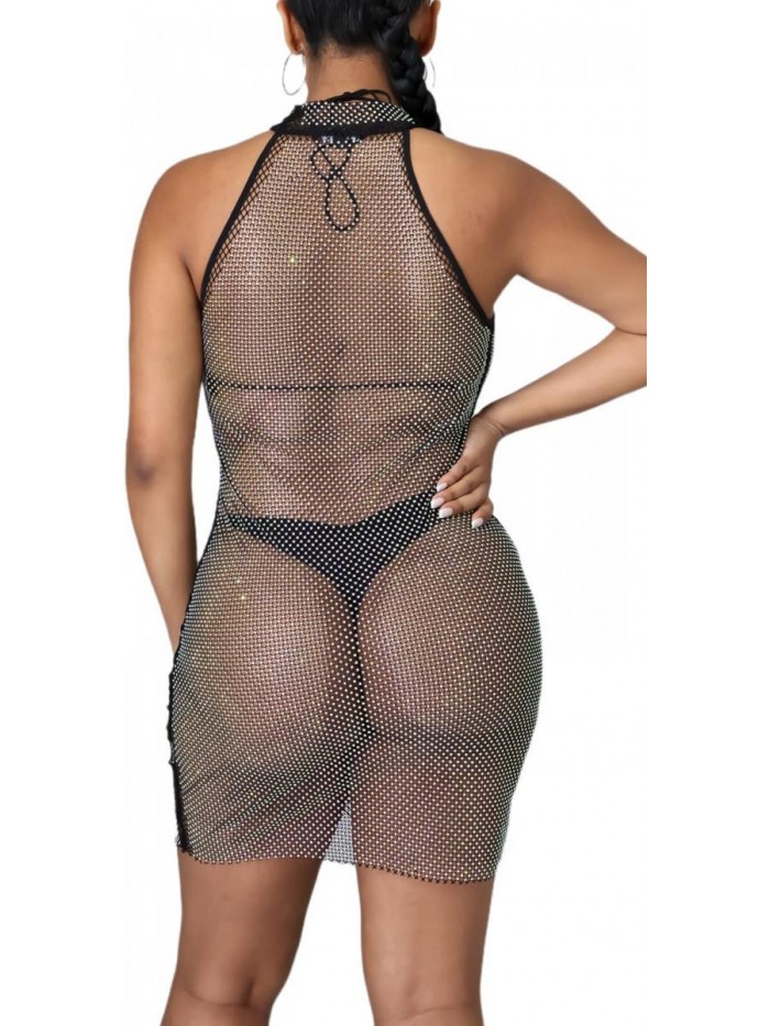 Sexy Cover Up Swimwear Elegant See Through Sheer Halter Neck Sleeveless Swimsuits for Beach Split Side Mini Dresses 