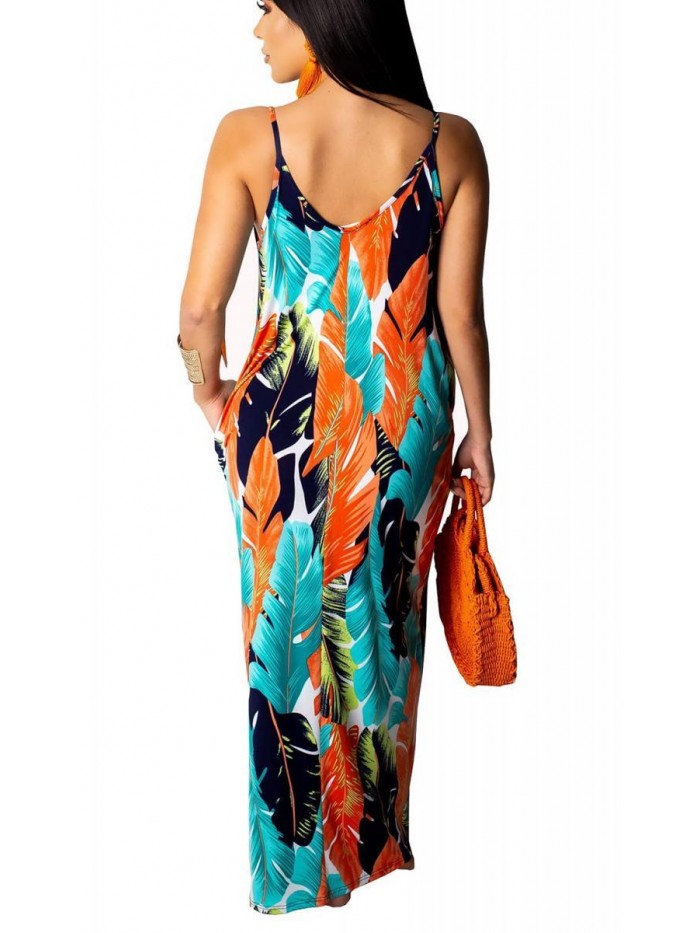 Women's Casual Loose Sundress Long Dress Sleeveless Split Maxi Dresses Summer Beach Dress with Pockets 