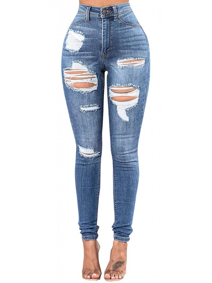 Women's Ripped Skinny Jeans Hight Waisted Stretch Distressed Denim Pants 
