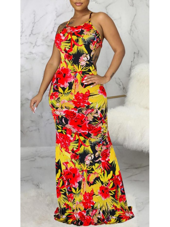 Sexy Halter Neck Spaghetti Strapless Backless Floral Evening Party Long Dress 