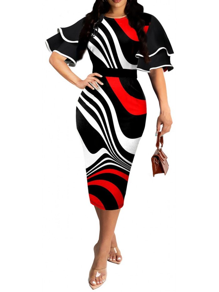 Pencil Dress for Women V Neck Elegant Bodycon Long Sleeve Business Suiting Midi Dresses 
