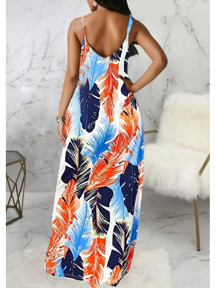 Maxi Dress for Women Beach Vacation Summer Casual Floral Printed Bohemian Long Sundress with Pockets 