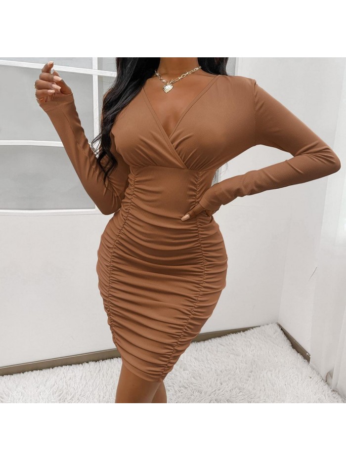 Women Long Sleeve Bodycon Ruched Short Dress Side Drawstring Solid Crew Neck Casual Autumn Mini Dresses 