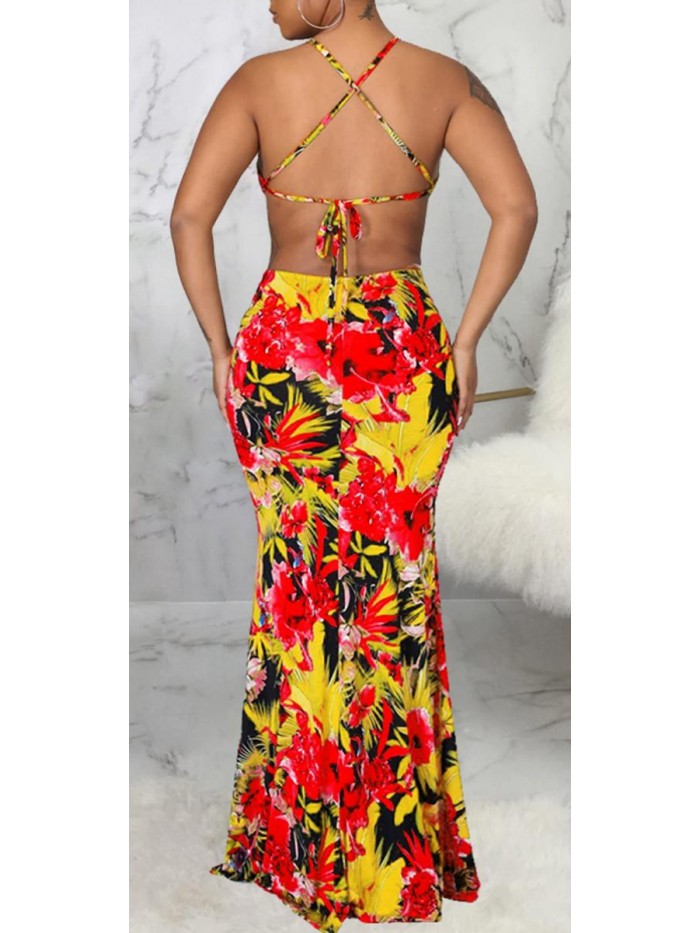 Sexy Halter Neck Spaghetti Strapless Backless Floral Evening Party Long Dress 