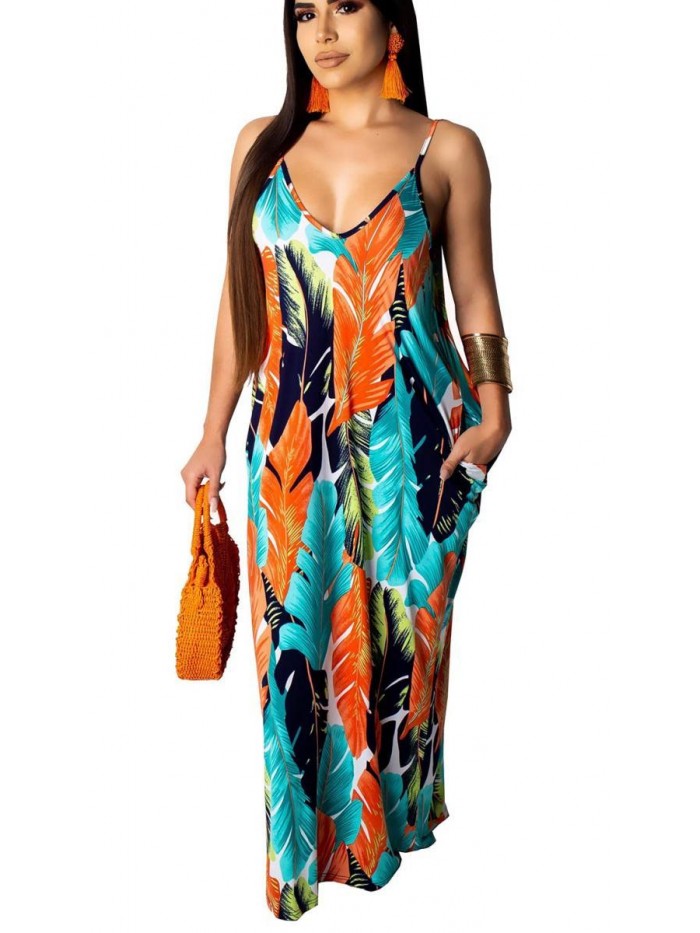 Women's Casual Loose Sundress Long Dress Sleeveless Split Maxi Dresses Summer Beach Dress with Pockets 