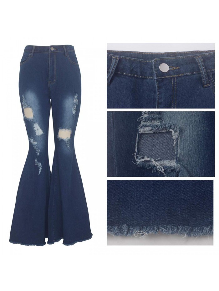 SheKiss Women Ripped Flare Jeans High Waist Bell Bottom Cowgirl Denim Jean Pants