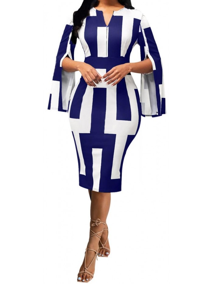 FoveNK Dresses for Women Elegant Long Sleeve Stretchy Pencil Business Casual Club Midi Dress for Work