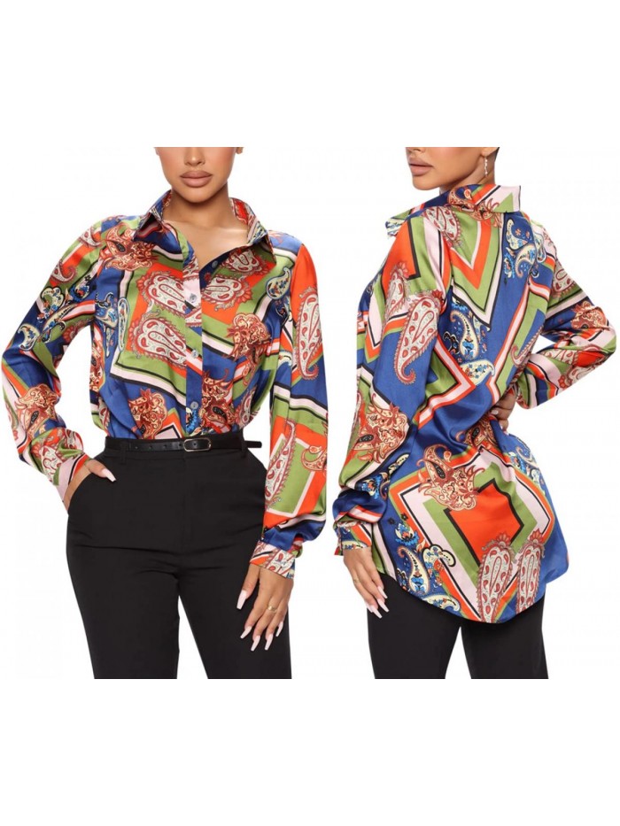 Blouses & Button-Down Shirts Colorful Shirt Floral Print Dressy Tops Loose Collar Long Sleeve Sexy T-Shirts