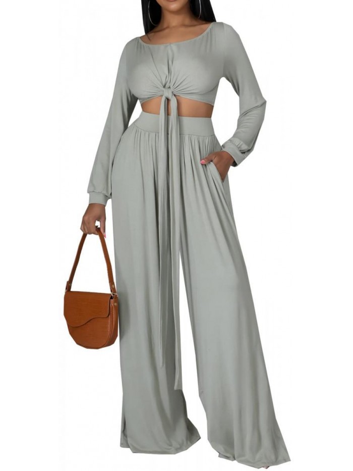 Sexy Two Piece Outfits for Women Elegant Scoop Neck Long Sleeve Crop Top Outfits with Bandage Casual Comfy Wide Leg Long Pants Loose Jumpsuit with Pockets