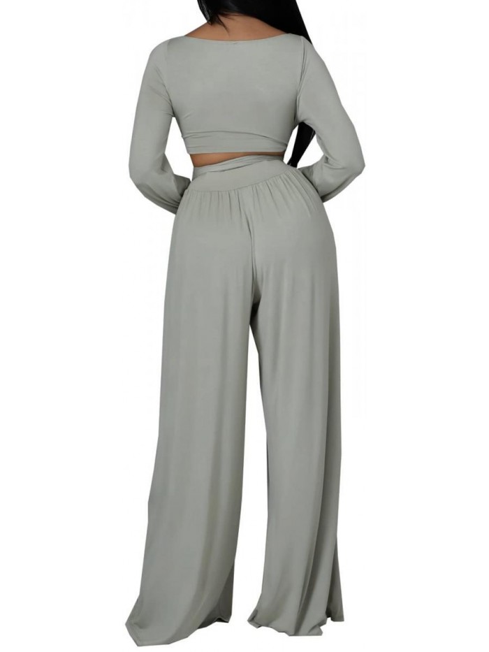 Sexy Two Piece Outfits for Women Elegant Scoop Neck Long Sleeve Crop Top Outfits with Bandage Casual Comfy Wide Leg Long Pants Loose Jumpsuit with Pockets