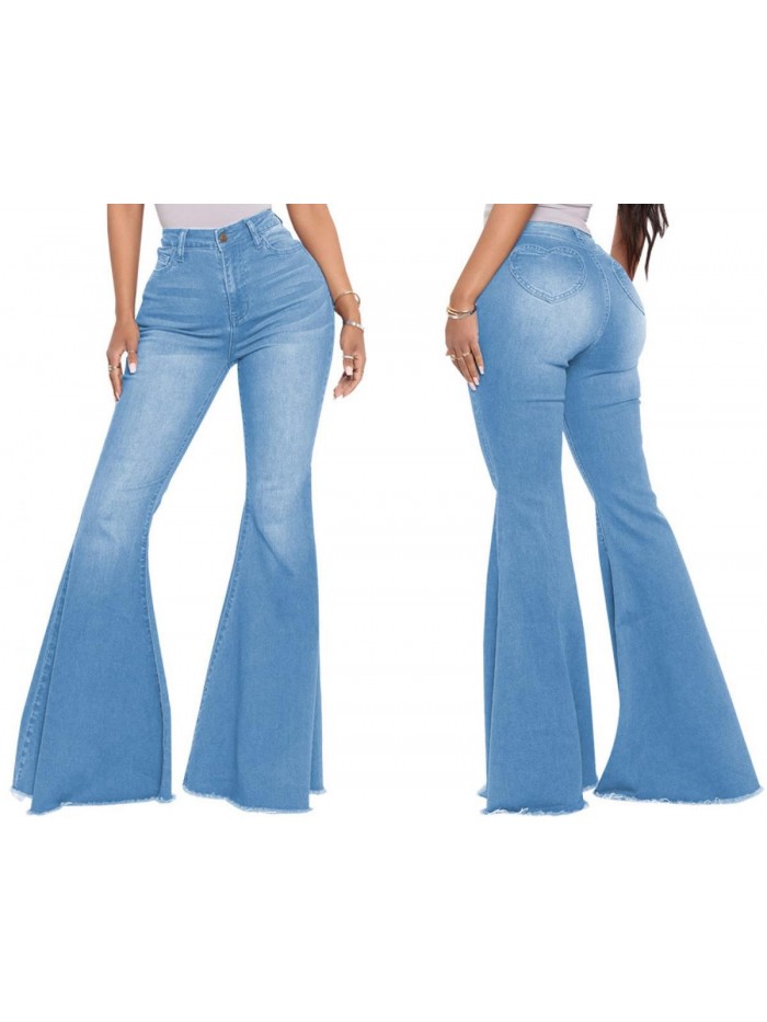 Women's Bell Bottom Jeans Elastic High Waisted Flare Jeans Raw Hem Denim Pants with Heart-Shaped Pocket