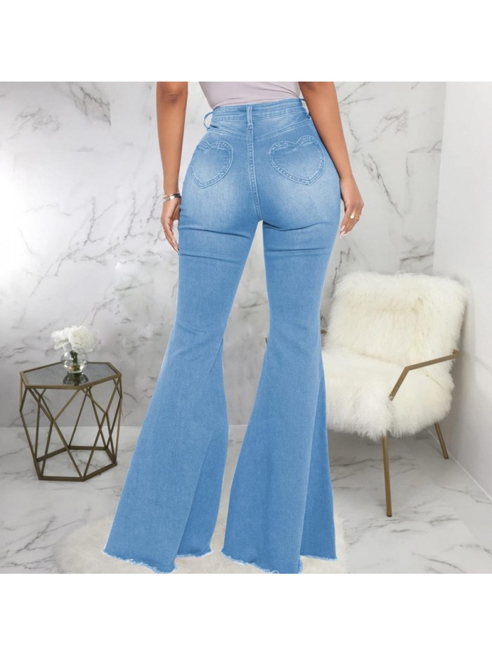 Women's Bell Bottom Jeans Elastic High Waisted Flare Jeans Raw Hem Denim Pants with Heart-Shaped Pocket