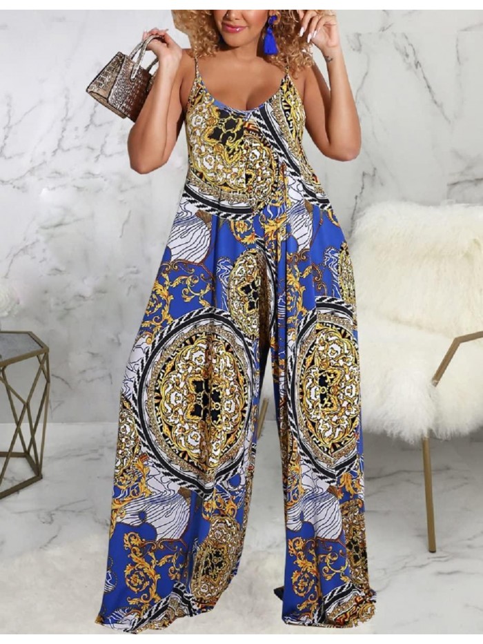 Jumpsuits for Women Summer Casual Wide Leg Long Pants Sleeveless Rompers Sexy Floral Print Jumpsuit with Pocket