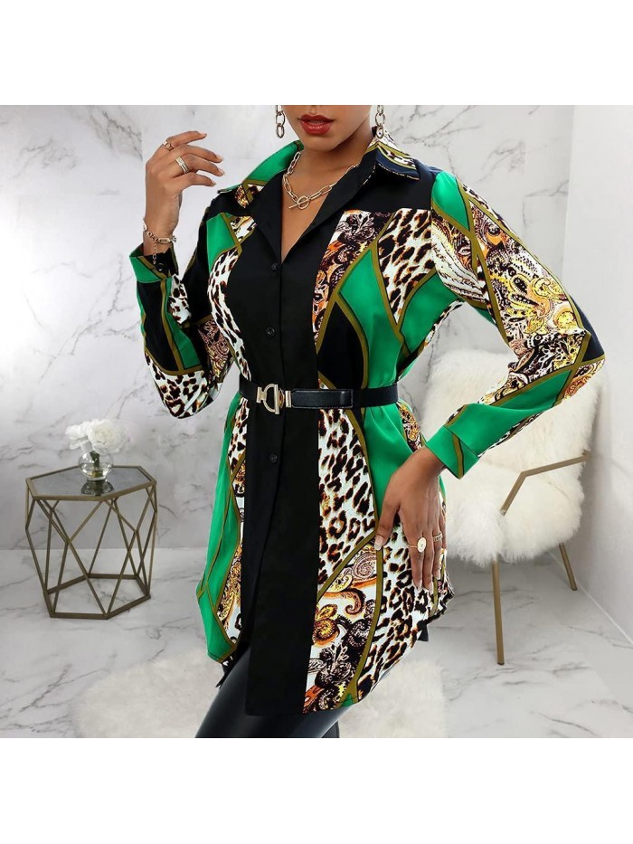 Button Down Dress Shirts for Women Colorful Blouses Long Sleeve Floral Print Tops Loose Collar Sexy T-Shirts