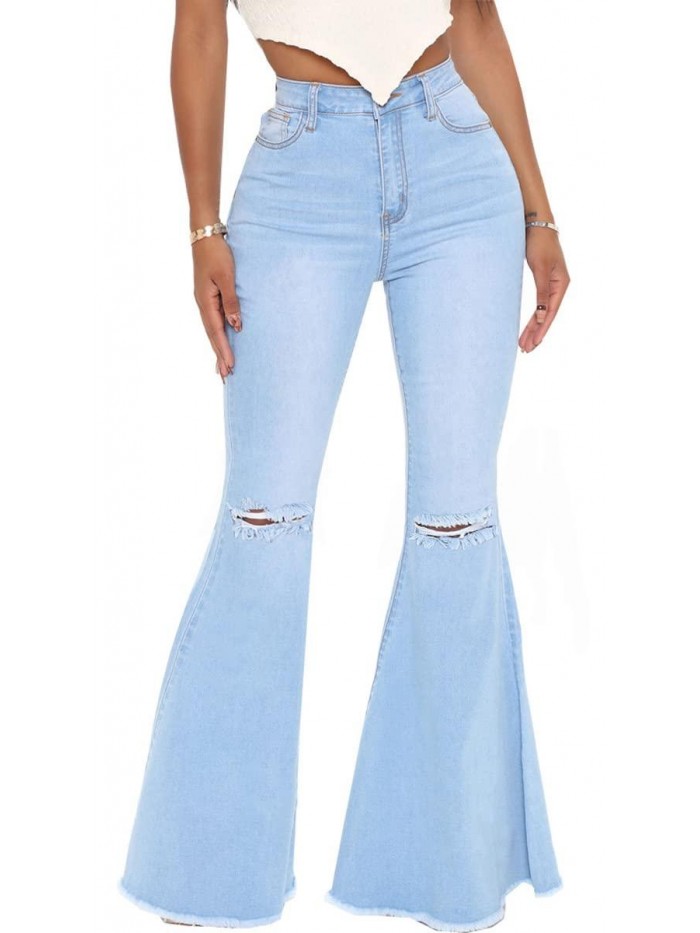 Skinny Ripped Bell Bottom Jeans for Women Classic Ripped Destroyed Raw Hem Flared Jean Pants Fashion 2022