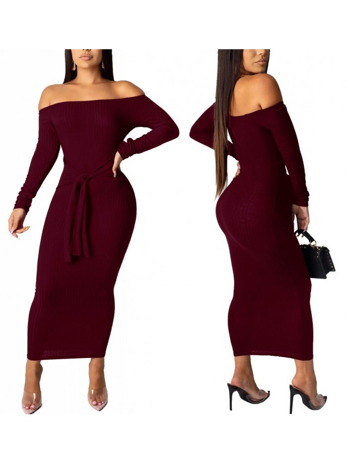 TDiooCor Women's Sexy Off Shoulder Long Sleeve Knit Bodycon Dress