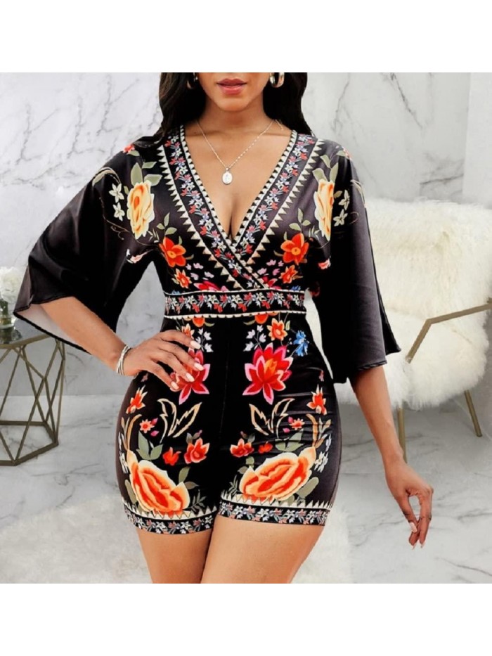 Women's Sexy Short Rompers V Neck Backless Jumpsuit Floral Print Loose Half Sleeve Bodysuit One Piece Outfit