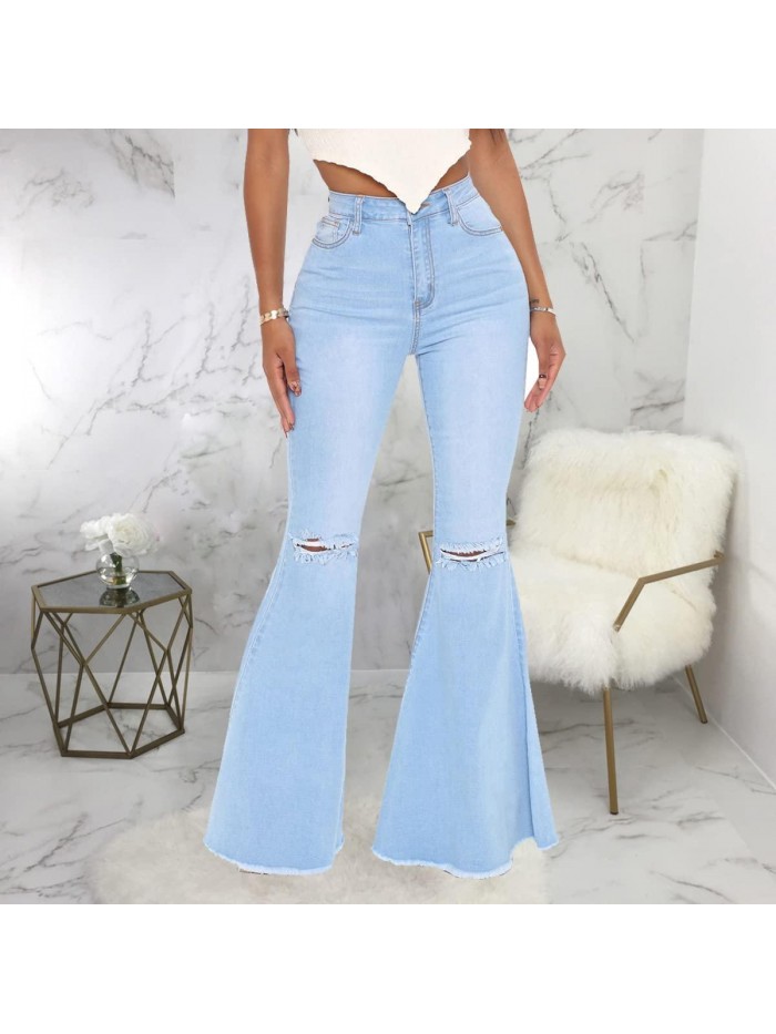 Skinny Ripped Bell Bottom Jeans for Women Classic Ripped Destroyed Raw Hem Flared Jean Pants Fashion 2022