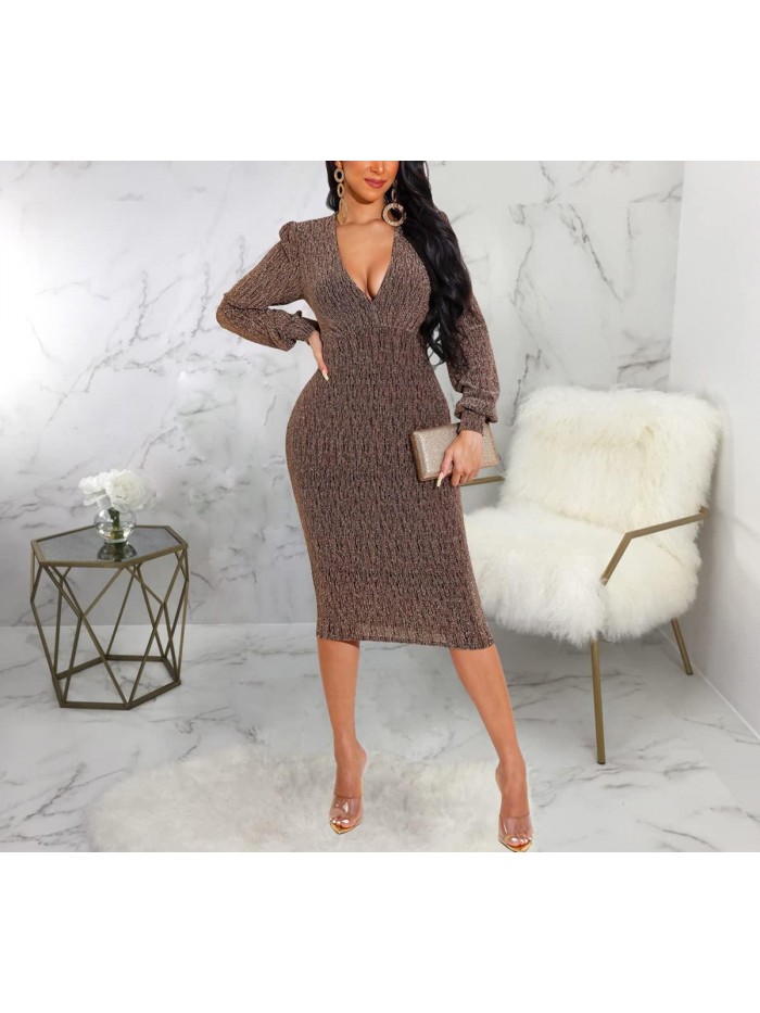 Women's Bodycon Ribbed Long Dresses Deep V Neck Long Sleeves Club Night Party Sweater Dress