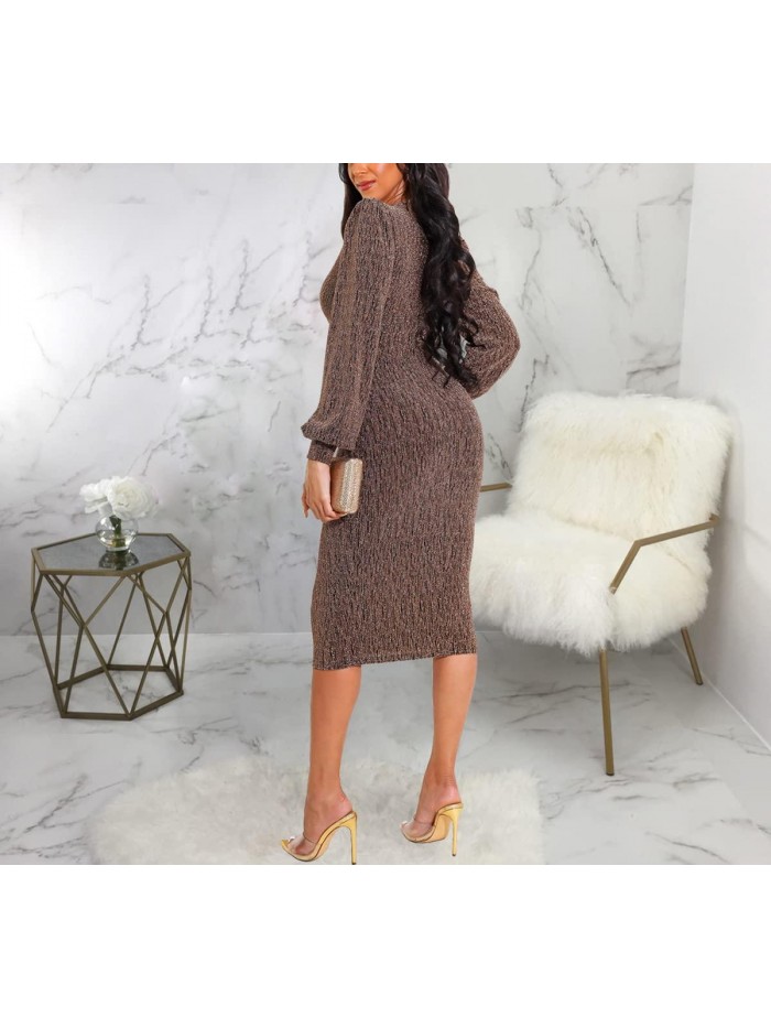 Women's Bodycon Ribbed Long Dresses Deep V Neck Long Sleeves Club Night Party Sweater Dress