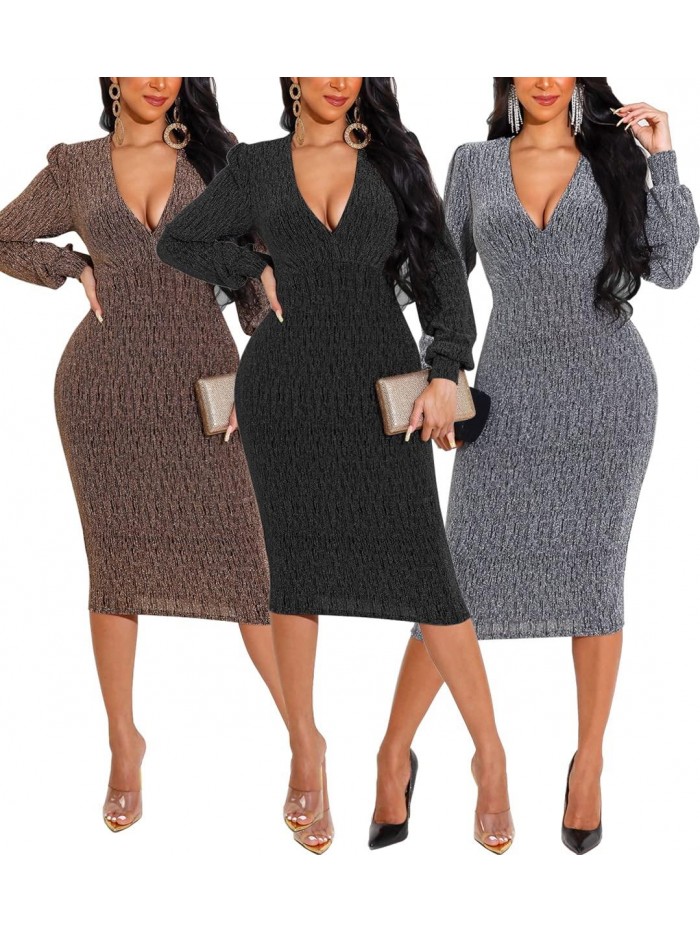 Bodycon Ribbed Long Dresses Deep V Neck Long Sleeves Club Night Party Sweater Dress 