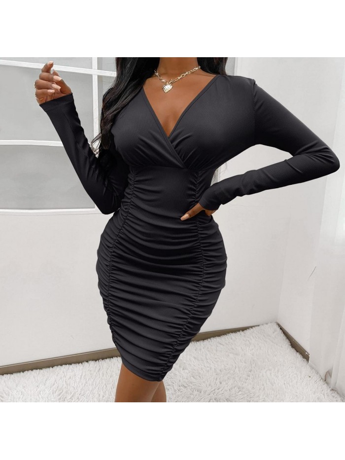 Women Long Sleeve Bodycon Ruched Short Dress Side Drawstring Solid Crew Neck Casual Autumn Mini Dresses 