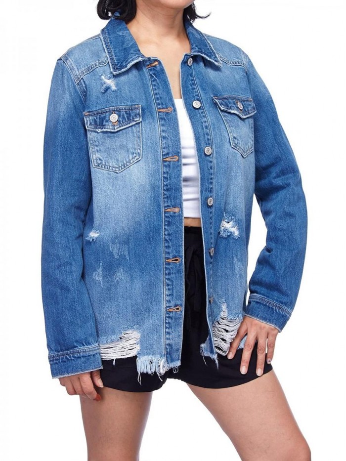 Distressed Jeans Jacket for Women Oversized Ripped Long Sleeve Winter Denim Jackets