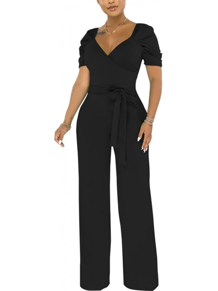 Womens Long Sleeve Round Neck Jumpsuit for Work Wide Leg Pants Rompers