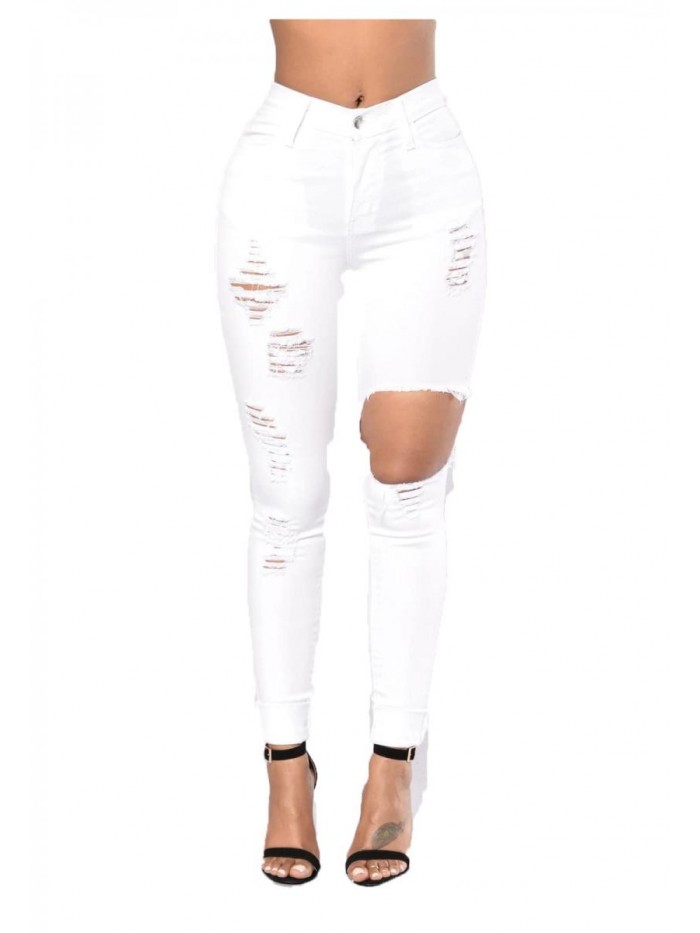Women's Ripped Skinny Jeans Stretch Mid Rise Distressed Destroyed Denim Pants 