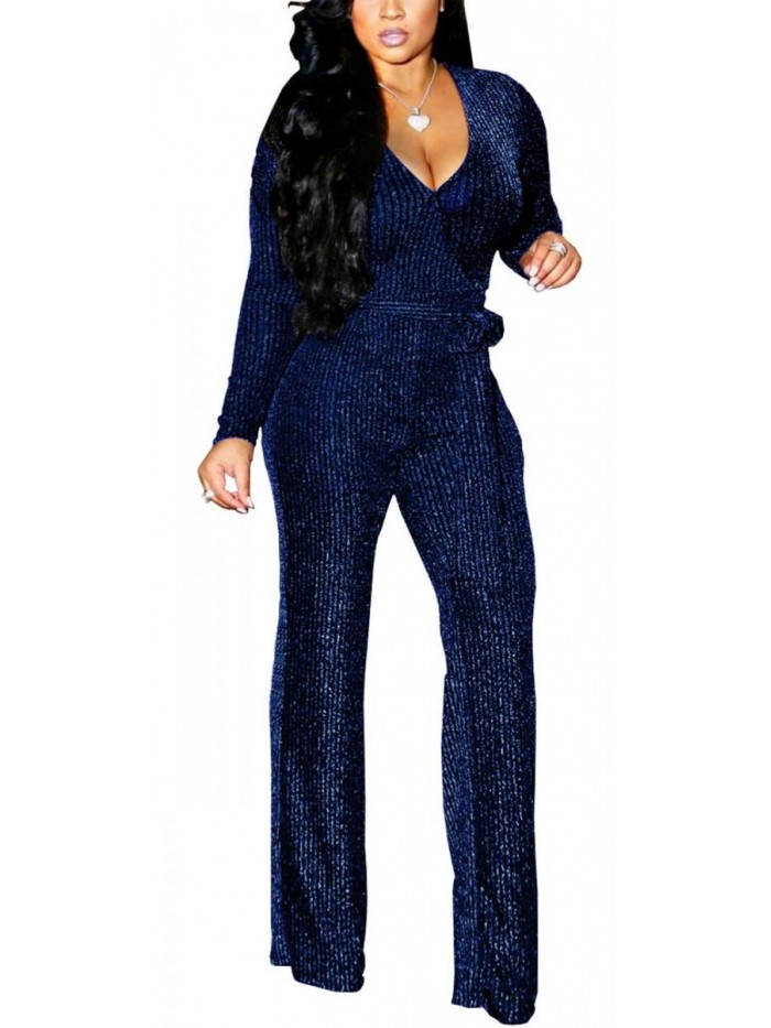 Women Casual Sexy Sequin Jumpsuits V Neck Long Sleeve Onesie Pants Party Clubwear with Belt