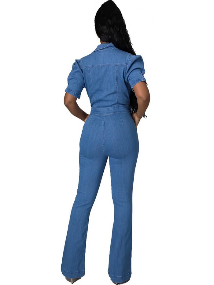 Women's Sexy Jumpsuits Elegant Long Sleeve Long Pants Straight Long Pants Clubwear Denim Rompers with Pockets