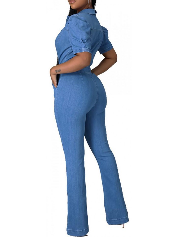 Women's Sexy Jumpsuits Elegant Long Sleeve Long Pants Straight Long Pants Clubwear Denim Rompers with Pockets