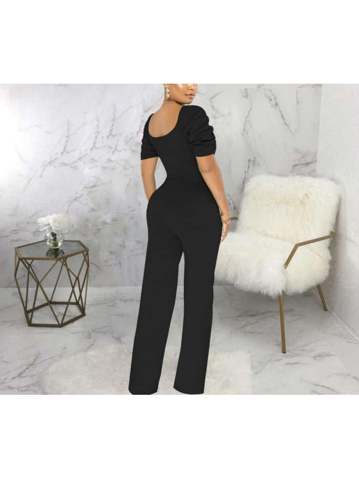 Womens Long Sleeve Round Neck Jumpsuit for Work Wide Leg Pants Rompers