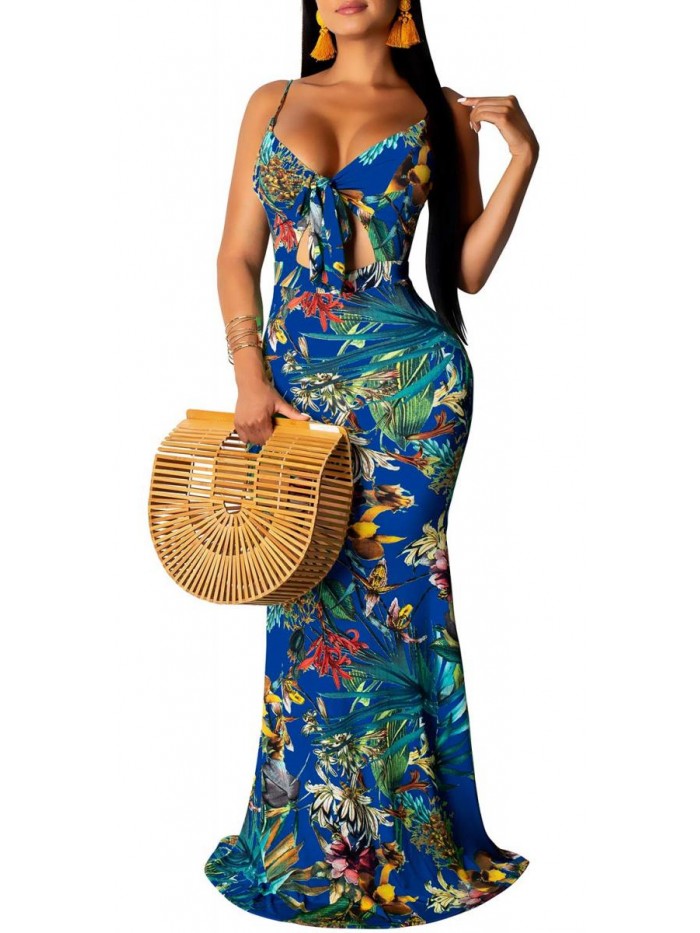 Women's Summer Floral Spaghetti Strap Long Maxi Dresses Low-Cut Bohemian Beach Sundress 