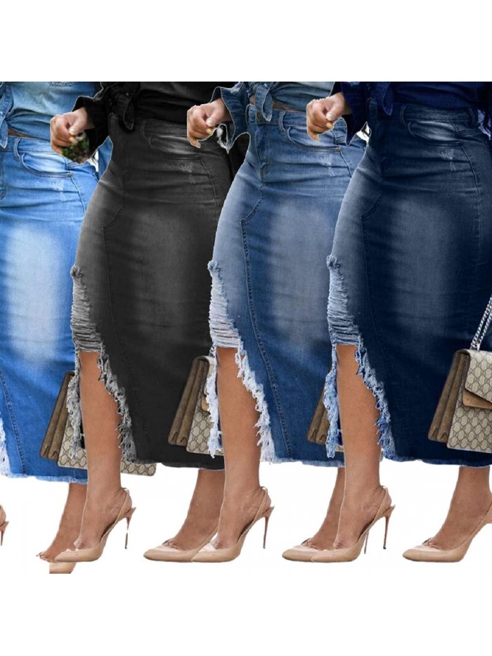 Womens Denim Skirts High Slit Washed Raw Hem Frayed Stretch Waist A-Line Long Jean Skirts with Pockets for Women 