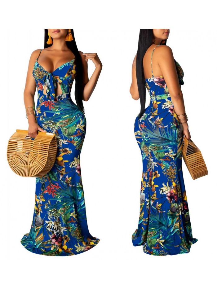 Women's Summer Floral Spaghetti Strap Long Maxi Dresses Low-Cut Bohemian Beach Sundress 
