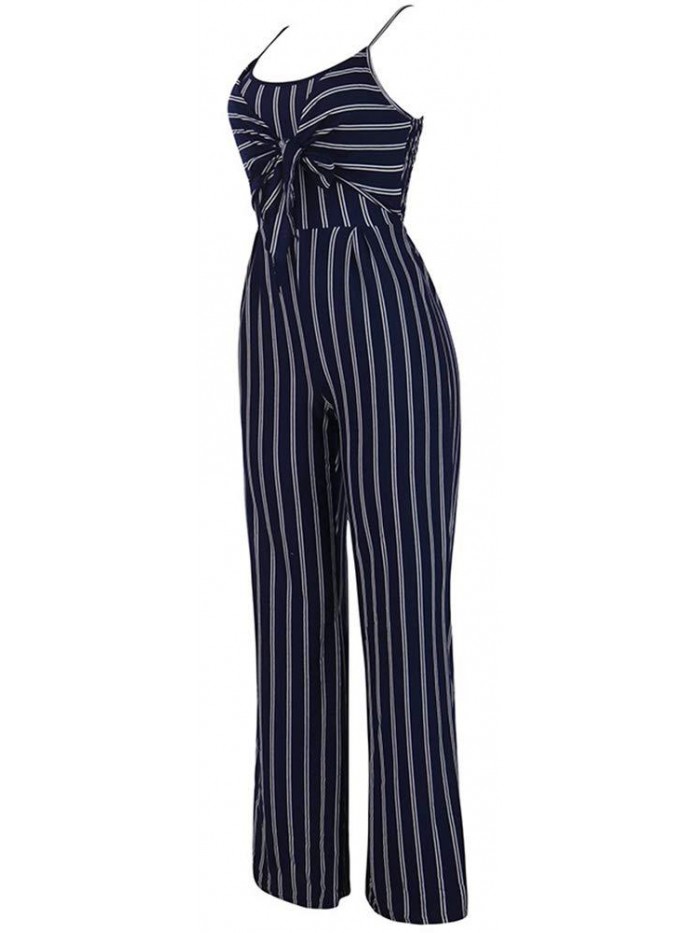 SheKiss Womens Striped Spaghetti Strap Summer Jumpsuits Sexy Tie Bowknot Long Pants Rompers
