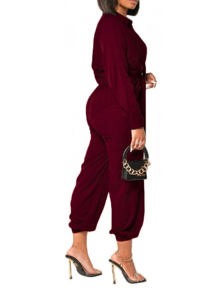 Elegant Jumpsuit Sexy Long Sleeve Straight Trousers Belted Wide Leg Pant Business Romper 