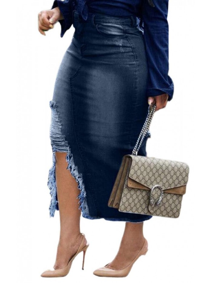 High Slit Skirt Denim Skirts for Women Irregular Split High Waist Washed Frayed Jean Long Skirt with Pockets