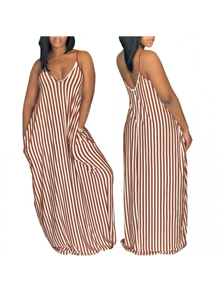 Women's Casual Stripe Long Maxi Dresses with Pockets Spaghetti Strap Sleeveless Loose Beach Sundress