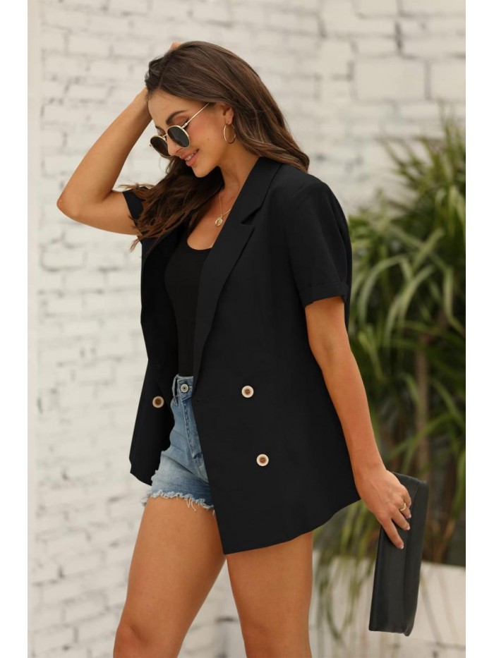 Womens Casual Blazers Cotton Short Sleeve Notch Lapel Double Breasted Slim Work Office Jacket Blazer 