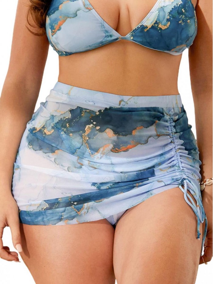 Women's Plus Marble High Cut Thong Bikini Bottom and Mesh Drawstring Beach Skirt Set Bathing Suit 