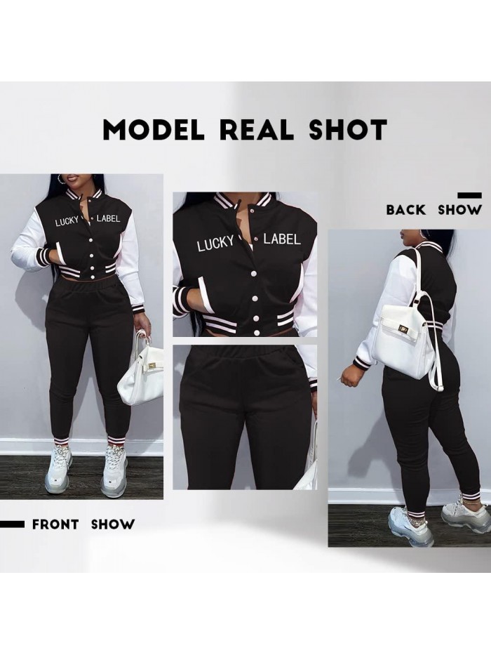 Varsity Sweatsuit Patchwork 2 Piece Outfit Tracksuit Thin Crop Button Jackets Pants Sets 