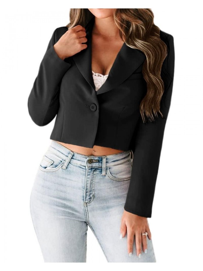 Women's Long Sleeve Blazers Lapel Neck Single Button Casual Work Office Cropped Blazer Jacket  